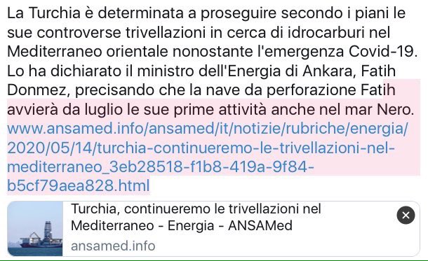 (ANSAmed) - La Turchia è determinata a proseguire secondo i piani le sue controverse trivellazioni in cerca di idrocarburi nel Mediterraneo orientale nonostante l'emergenza Covid-19.  http://www.ansamed.info/ansamed/it/notizie/rubriche/energia/2020/05/14/turchia-continueremo-le-trivellazioni-nel-mediterraneo_3eb28518-f1b8-419a-9f84-b5cf79aea828.html  #Mar  #Nero