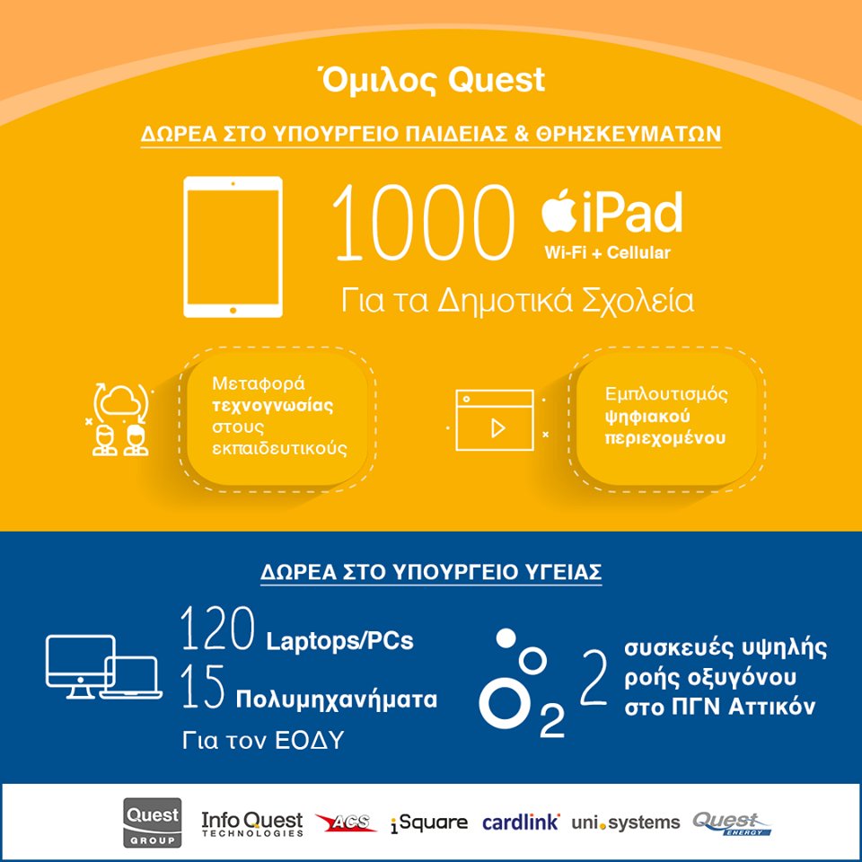 activea77's tweet photo. Σημαντική Δωρεά εξοπλισμού Πληροφορικής από τον Όμιλο Quest, συνολικής αξίας €500.000, στο Υπουργείο Παιδείας και Θρησκευμάτων (1.000 iPad 4G) και στο Υπουργείο Υγείας. #IQT4_0 #infoquest #QuestGroup https://t.co/l81W1vhqh6