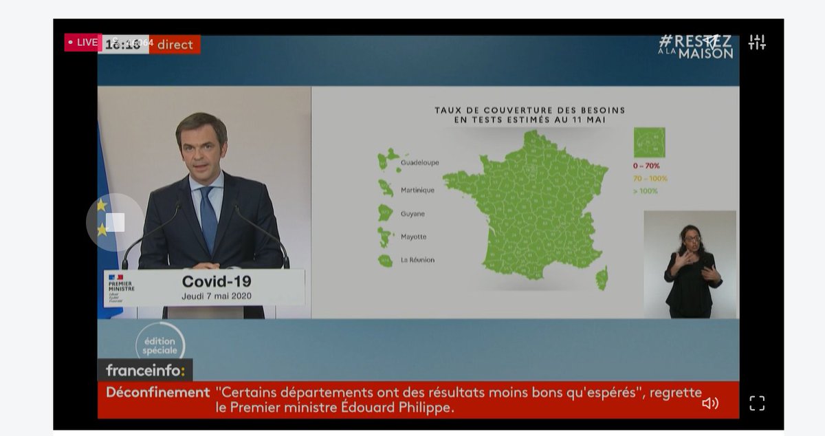 "La #carte est pour le moins limpide".
🤔 Quelle est la source des #données ? Comment ont été estimés les besoins, comptabilisés les tests, leur disponibilité ?
Merci à O. Véran pour ce bel exemple de recours à la (fausse) évidence de la carte, très utile pour des cours à venir !