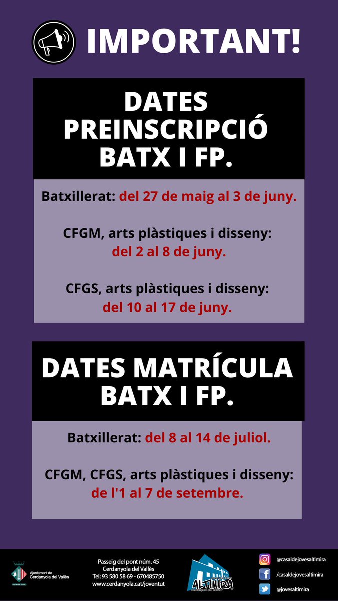 JovesAltimira's tweet photo. Hola! 👋 Aquest migdia han sortit les dates de preinscripció per a #estudispostobligatoris. La preinscripció es farà telemàticament utilitzant un formulari en línia 💻

Per més informació podeu visitar la pàgina: https://t.co/DkejFugjTa https://t.co/gKVYb31go4