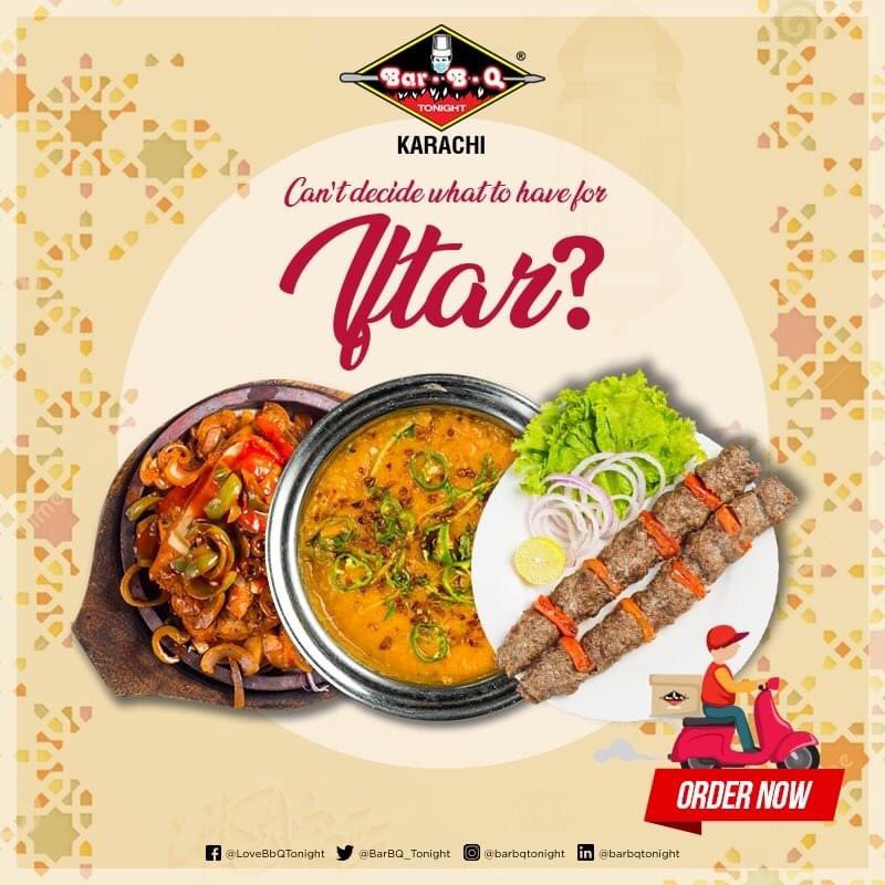 BarBQ_Tonight's tweet photo. All your favorite meals delivered to the comfort of your home that will surely leave you spoilt for choice.    
Call now at:
021-111227111
Order Online at www.https://t.co/jW4KEHf0YO

 #BarBQTonight #Ramadan #Iftar #Ordernow #Food #Restaurant https://t.co/7vXRlbTtkS