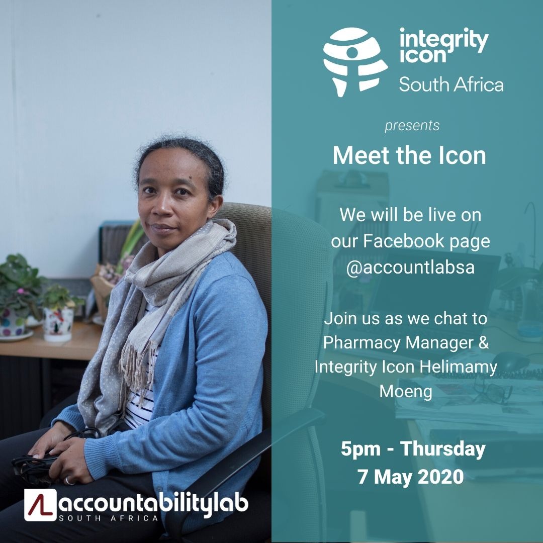 AccountLab's tweet photo. We go live at 5pm SAST to host the 3 edition of “Meet The Icon” series. We’ll be speaking to Pharmacy Manager &amp; Integrity Icon 2019 Winner, Helimamy Moeng. She will share highlights of her work. Remember #IntegrityIcon2020 nominations are open https://t.co/3AuYM7OZLS https://t.co/LOhv4ixmkx
