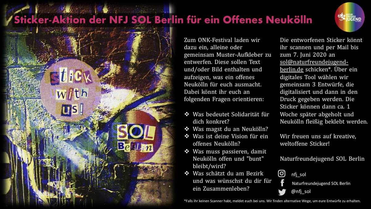 Zum Festival #OffenesNeukölln 2020 starten wir eine digitale Sticker-Aktion! Ab sofort könnt ihr kreativ werden und uns eure Sticker-Motive zusenden. Wir freuen uns! 
#onk #neukölln #nonazis <a href="/BuendnisNK/">Bündnis Neukölln</a> #onlineaktion