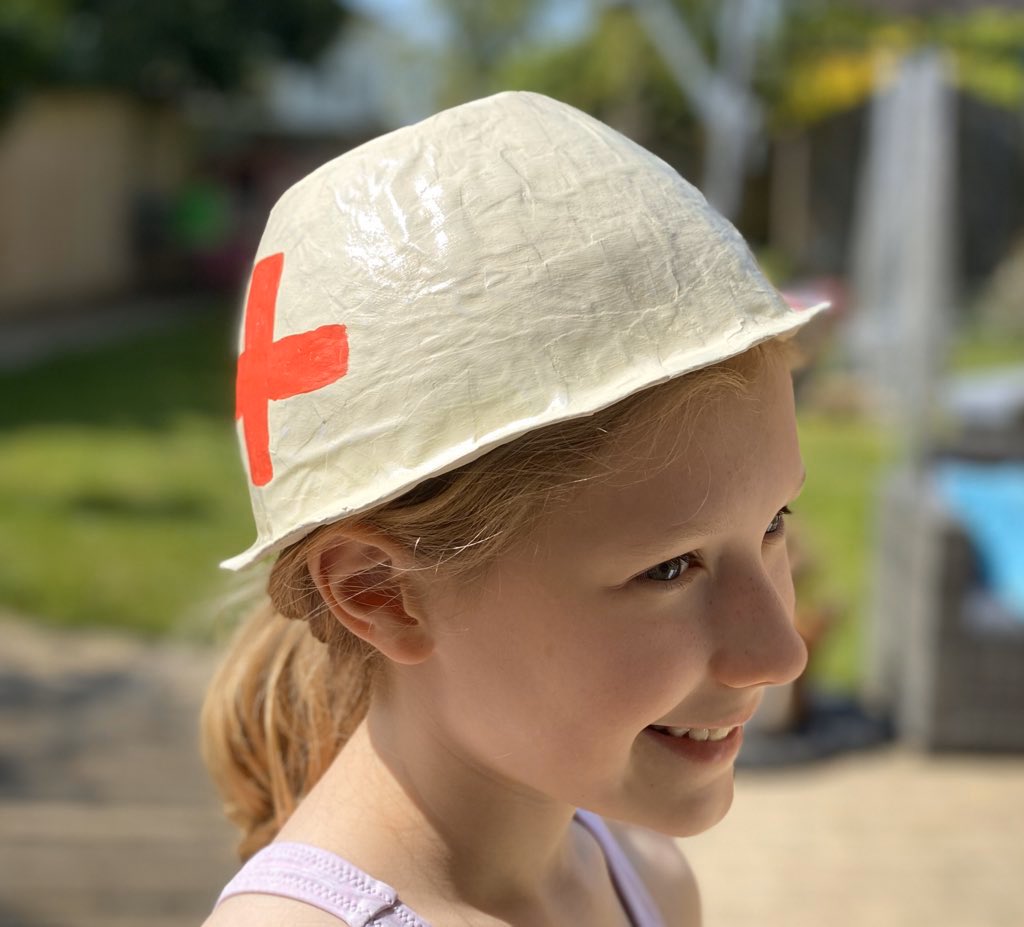AnnerRitchie's tweet photo. Miss Crisp, on the theme of VE Day, Amelia wants to ask if you think she’s made a papier mache:
A) WW2 medic helmet B) Bowl or C) Both! @St_Josephs_Glos #VEDay2020 https://t.co/lmZK4vQEtt