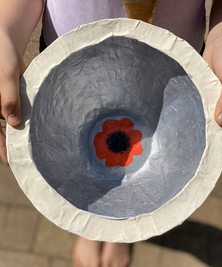 AnnerRitchie's tweet photo. Miss Crisp, on the theme of VE Day, Amelia wants to ask if you think she’s made a papier mache:
A) WW2 medic helmet B) Bowl or C) Both! @St_Josephs_Glos #VEDay2020 https://t.co/lmZK4vQEtt