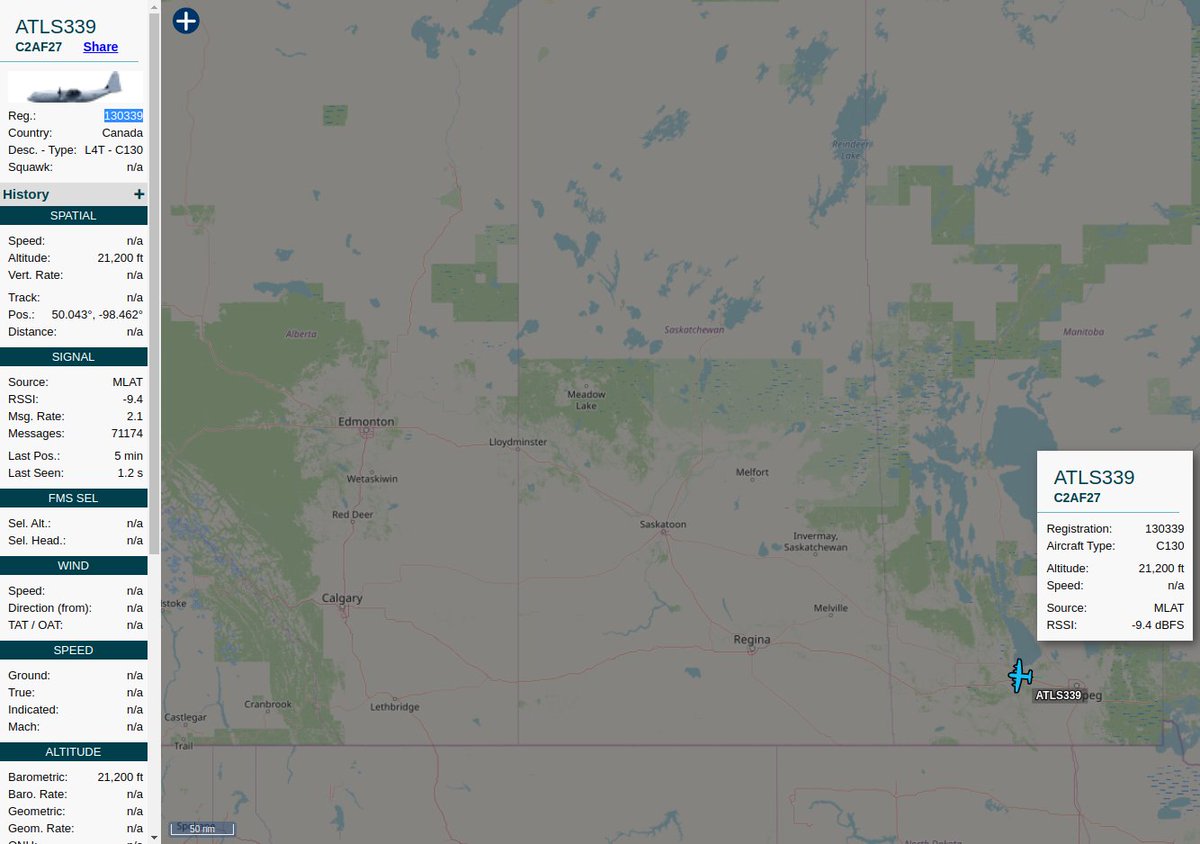 steffanwatkins's tweet photo. 🇨🇦 Royal Canadian Air Force #RCAF CC-130HT Hercules 130339|#C2AF27|#ATLS339 heading West from Winnipeg. One of the few RCAF CC-130's outfitted for air-to-air refuelling.

https://t.co/Q4N0EODyBj
https://t.co/llscJdxQxY
#ModeS #MLAT

📷 2018-06-28
https://t.co/grvzpAMkNl https://t.co/IGOEyeomV3