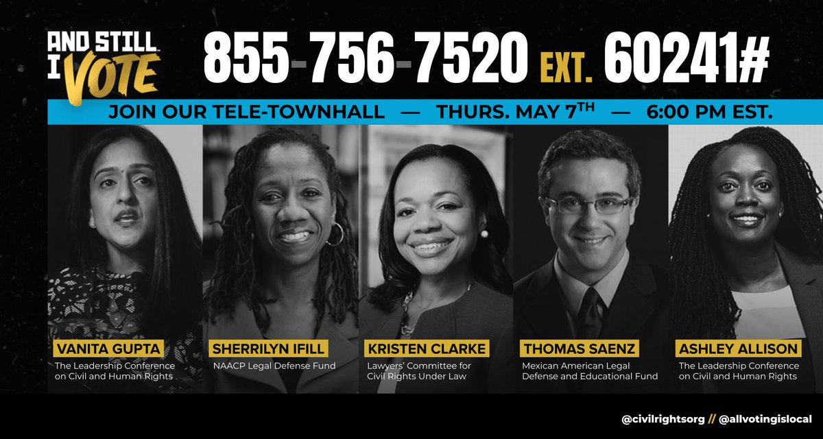 Graphic promotes tonight's tele-town hall at 6 p.m. ET with voting rights leaders mentioned in the original tweet. The graphic includes the dial-in information (855-756-7520 ext. 60241#) and shows headshots of the five speakers.