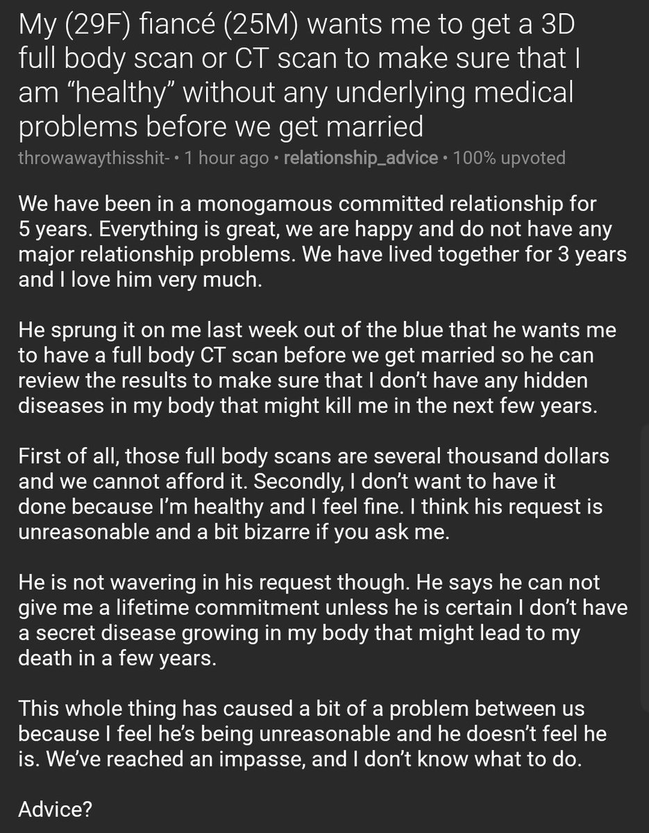 redditships's tweet photo. My (29F) fiancé (25M) wants me to get a 3D full body scan or CT scan to make sure that I am “healthy” without any underlying medical problems before we get married https://t.co/zoKBx2Iudi https://t.co/zwjOKjHeIW