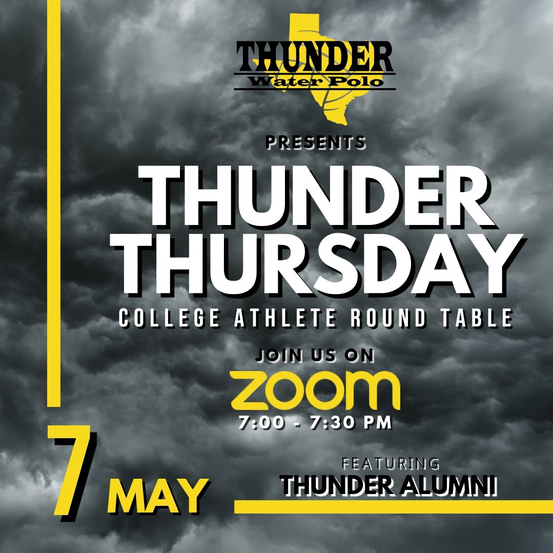 ThunderPolo's tweet photo. It's #ThunderThursday and we have a special ZOOM session tonight featuring Thunder Alumni and current College Athletes from all over the country hosting a College Athlete Q&A. Check your email for ZOOM info! #AskThemAnything #TheThunderDifference #ThunderAtHome #Thunder2020 https://t.co/EYZa33RXev