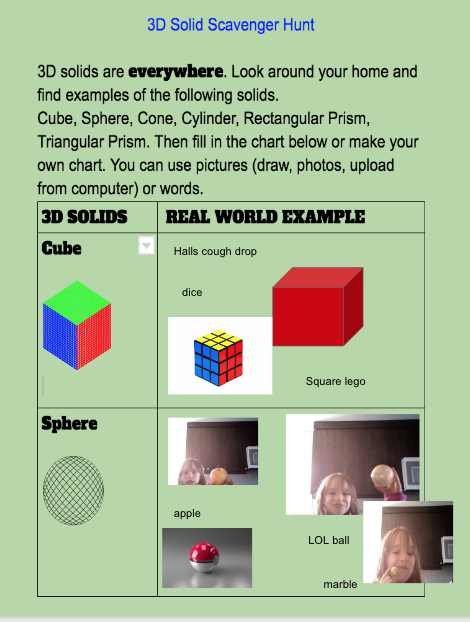 Mrs_Ps_class's tweet photo. 3D Soilds are everywhere. Students are learning to identify 3D solids from their homes during this time of distant learning. Great work crew! @TBCDSB_Hornets @tbc_schools #grade2mathfun https://t.co/qiDDfljmvs