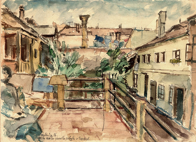 yadvashemES's tweet photo. #EXPOSICIÓN: El dolor de la liberación reflejado en el #arte 1945-1947.
#HoyEnLaHistoria 7 de mayo de 1945, un día antes del ingreso del Ejército Rojo a #Terezín, el artista #AlfredNeumann pintó una vista cotidiana desde su vivienda.
Visite la exposición:
https://t.co/rTuXG46T2e https://t.co/xjRKTzSuHU