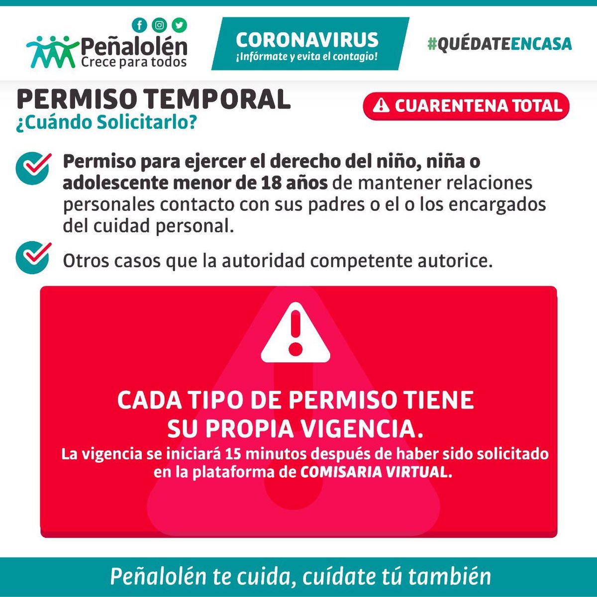 penalolen's tweet photo. 🛑 [INFO CUARENTENA] Recuerda mañana viernes a partir de las 22.00 hrs entramos en cuarentena total. Revisa aquí los permisos temporales de desplazamiento. 👇🏻
PEÑALOLÉN te cuida y te acompaña. https://t.co/1mHCsKISBE