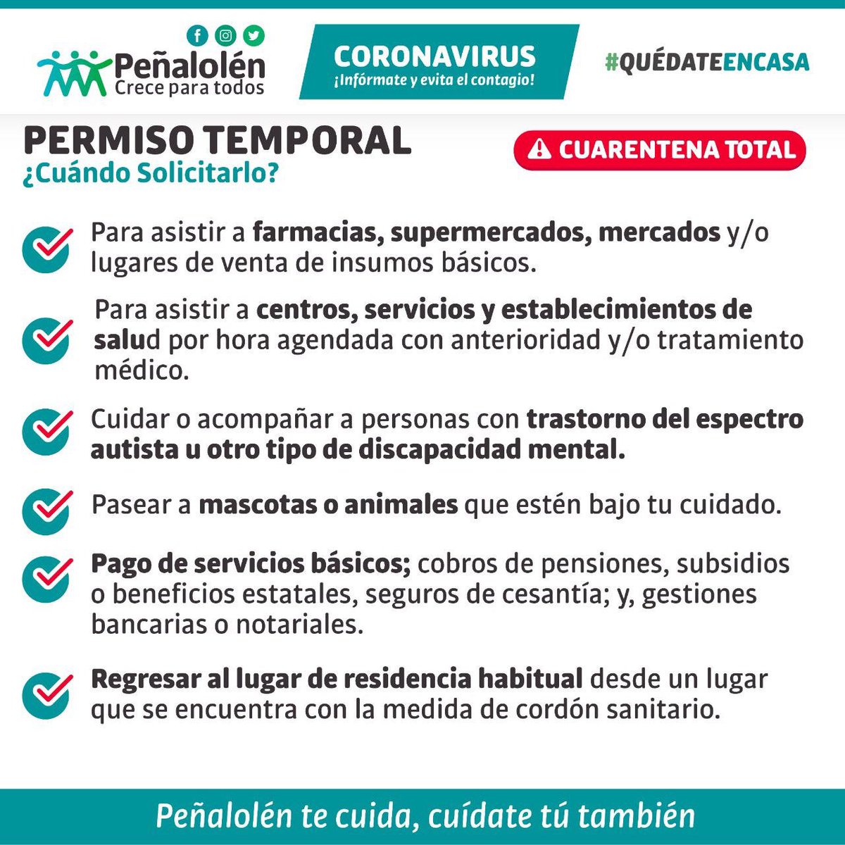penalolen's tweet photo. 🛑 [INFO CUARENTENA] Recuerda mañana viernes a partir de las 22.00 hrs entramos en cuarentena total. Revisa aquí los permisos temporales de desplazamiento. 👇🏻
PEÑALOLÉN te cuida y te acompaña. https://t.co/1mHCsKISBE