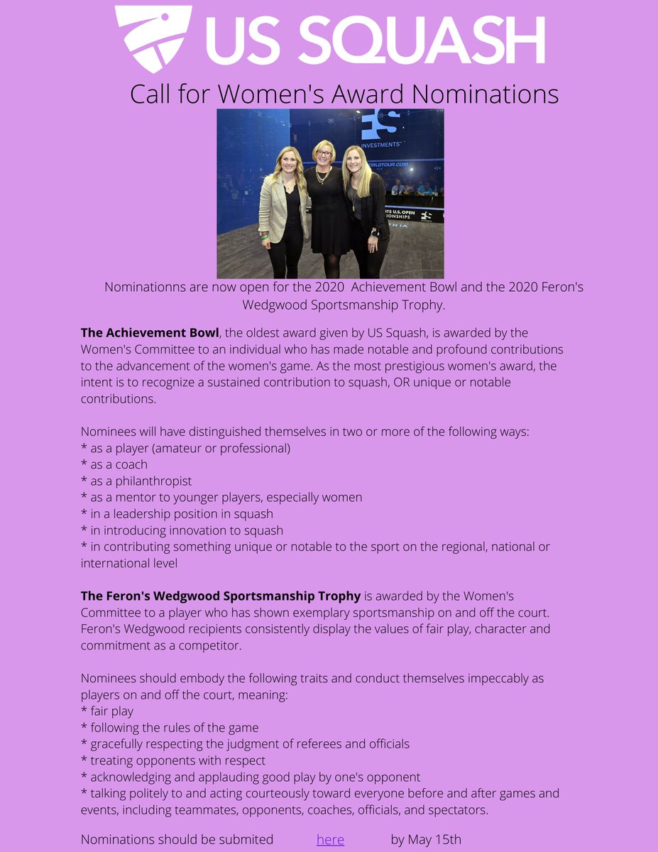 USSquashWomen's tweet photo. Nominations are now open for the 2020 Achievement Bowl and the 2020 Feron's Wedgwood Sportsmanship Trophy!! 🏆 

Submit nominations by May 15th!

https://t.co/oDD5482jkb https://t.co/nU125tEg2F