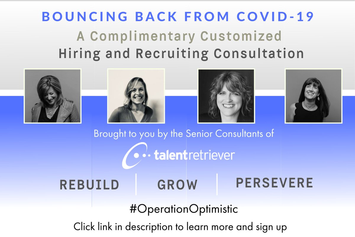 In the spirit of Talent Retriever’s #operationoptimistic, our Senior Consultants are offering COMPLIMENTARY 60-minute Consultations to help you navigate new challenges. To learn more and sign up – click here: info.talentretriever.com/bouncing-back-…
#recruiting #hiring #recruitingtips #COVID19