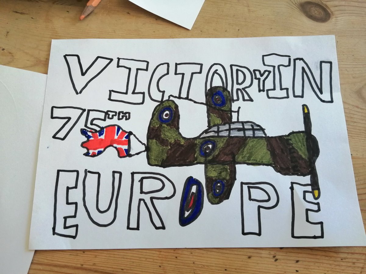 adamherbert123's tweet photo. Home schooling today and today's subject is V. E DAY this is my son Henry's victory poster he asked me to put it on twitter and show all of you @RAFBBMF @RAFMUSEUM @RoyalAirForce @rafredarrows @SpitfireBigginH @10DowningStreet https://t.co/FsoKo0mP03