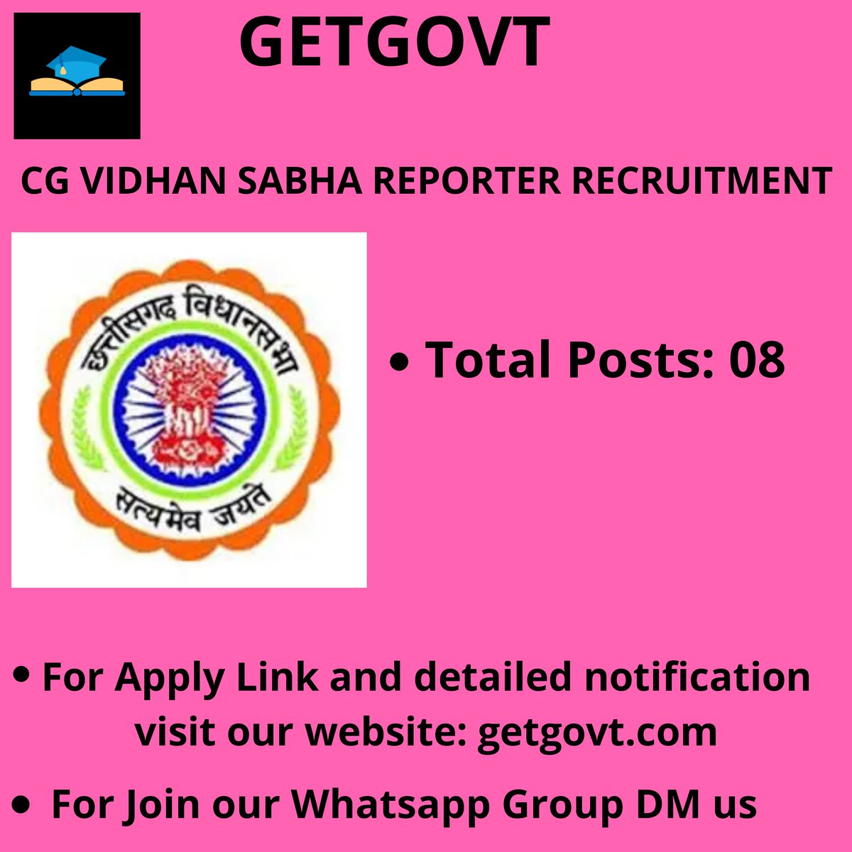 GovtGet's tweet photo. CG VIDHAN SABHA REPORTER RECRUITMENT

For Apply link and detailed notification click here: https://t.co/zg58x18Lk6

Join our Whatsapp group: https://t.co/EdMyyffFnI

#Jobs #Job #recruitment #vacancy #Covid_19 #CoronaWillEndSoon #CoronaLockdown https://t.co/ohafue7BZz