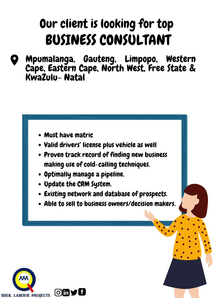 Sisol Labour Projects (@sisolprojects) on Twitter photo Vacancy : Business Consultant
Areas : Mpumalanga, Gauteng, Limpopo, Western Cape, Eastern Cape, North west, Free State & KwaZulu-Natal
Email : er2@sisolprojects.co.za Vacancy : Business Consultant
Areas : Mpumalanga, Gauteng, Limpopo, Western Cape, Eastern Cape, North west, Free State & KwaZulu-Natal
Email : er2@sisolprojects.co.za