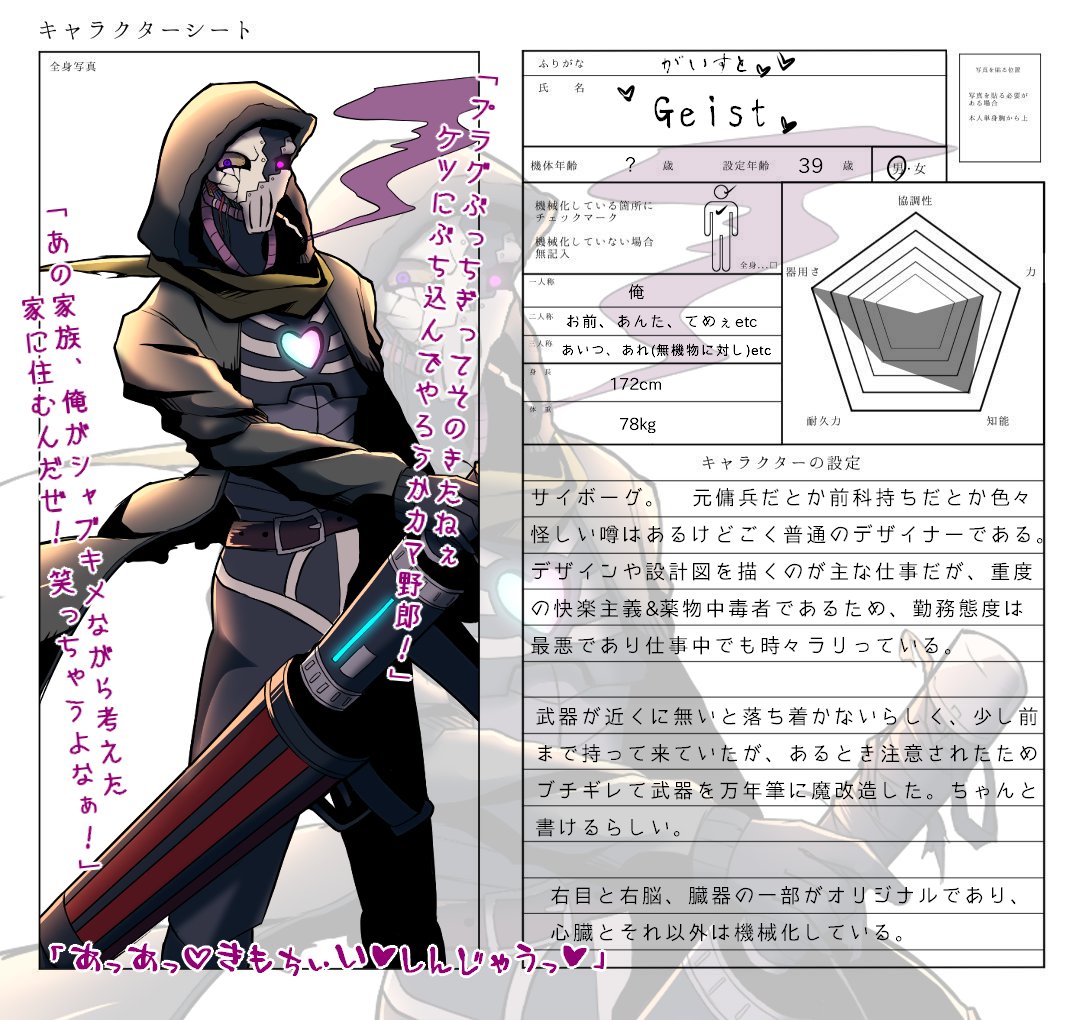 ガイストおじさん
影が薄い。
ヤク中で当初は企画参加当時のキャラシ(画像)通り協調性ゼロのキャラだったはずなのに周囲の協調性が無さ過ぎて上手く仲を取り持ってストーリーを進めるために結果的にコミュ力が爆上がりしてしまった、展開の被害者。
あと描くの面倒で薬も最近吸わなくなった。健康か。 