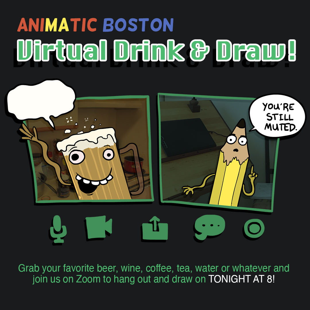 AniMAticBoston's tweet photo. TONIGHT AT 8pm, join us for a Drink and Draw! Free and anyone is welcome - we're just going to hang out, relax, maybe play a drawing game or two. Click this link tonight: https://t.co/O9gpx6P0Ju https://t.co/Lc2ncYiWlW