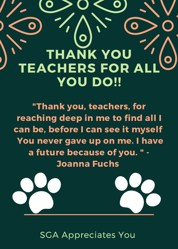 FPCSGA's tweet photo. Day Three of #TeacherAppreciationWeek!! SGA appreciates all that our teachers do @FPCHS!💚 #FPCgoesVirtual @FlaglerSchools https://t.co/hznihIwi0I