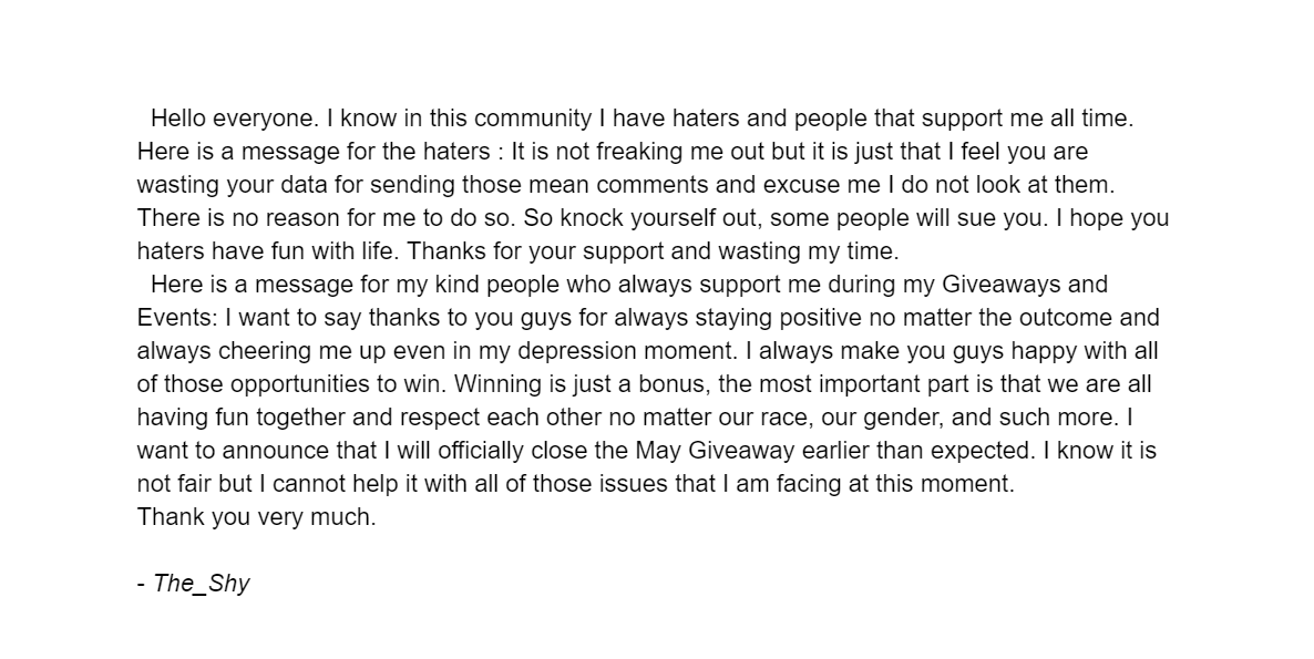 Shy I M Not Feeling Well These Days So Here Is A Letter For The Community I Hope You Guys Are Doing Well And I M Just Out Of Words Right Now