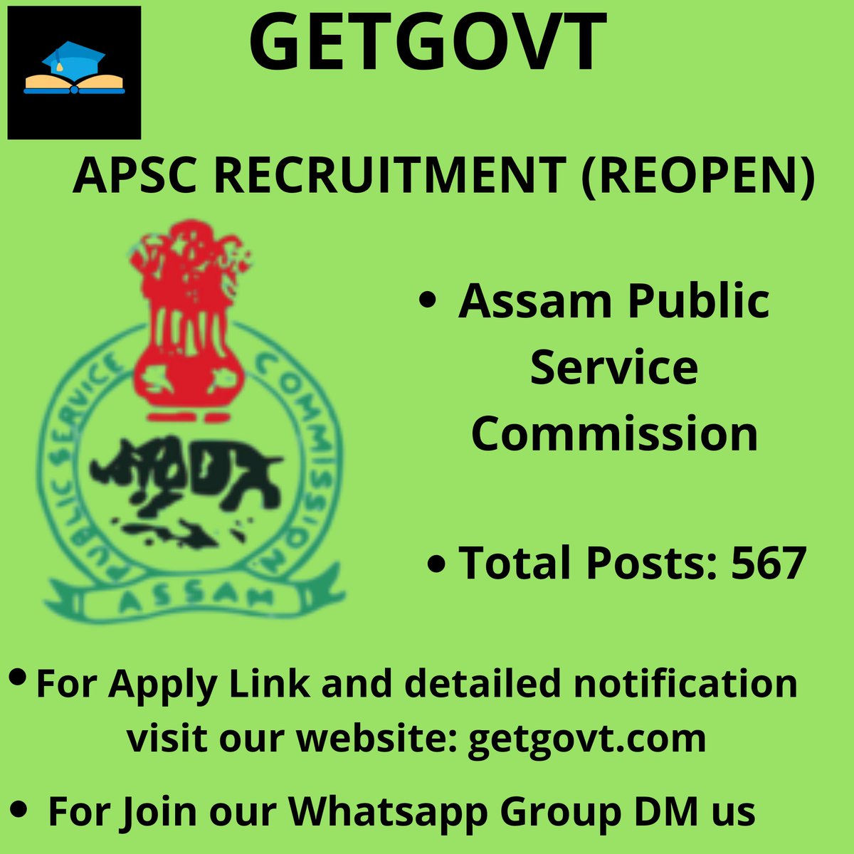 GovtGet's tweet photo. APSC RECRUITMENT(REOPENED)

For Apply link and detailed notification click here: https://t.co/aGInP8FAhy

Join our Whatsapp group: https://t.co/EdMyyffFnI

#Assam #AssamCares #AssamCovidCount #assamarogyanidhi #Jobs #JobsHour #recruitment https://t.co/eTwIagCsgH
