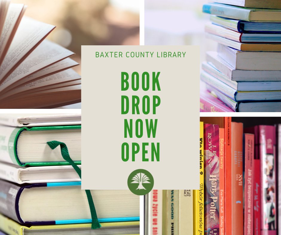 We are pleased to announce that the drive-up book return located outside the Library is now open. You may return your items at any time, no rush. No items are considered overdue and no late fees are accruing at this time. For more information visit baxlib.org/library-news/.