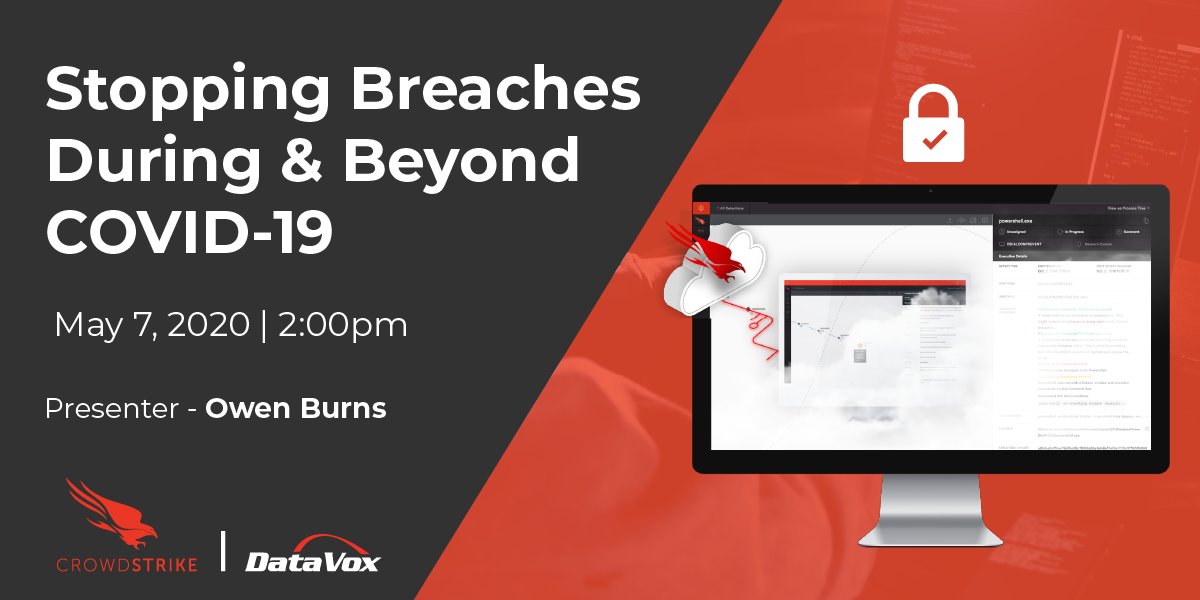 DataVox's tweet photo. Join @Crowdstrike in our next #DataVoxWebinar and discover how to effectively stop breaches during and beyond COVID-19 with #FalconComplete. Today at 2:00pm CT - Register now! - https://t.co/nNTU399TDX #cybersecurity #datasecurity #informationsecurity #dataprotection #breaches https://t.co/d4OcJK98Yd
