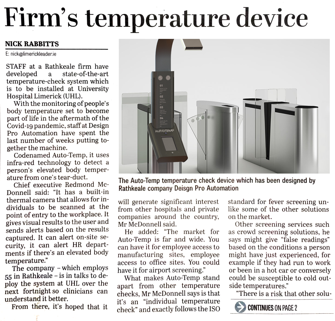 DesignProLtd's tweet image. Thanks to @Limerick_Leader &amp;amp; @Nick468official for the write up on the development of our #feverscreening device, the AUTO-TEMP. If you&apos;re looking to implement a reliable #temperature solution for your company&apos;s return to work scenario, talk to our team today! #COVID19 #safety