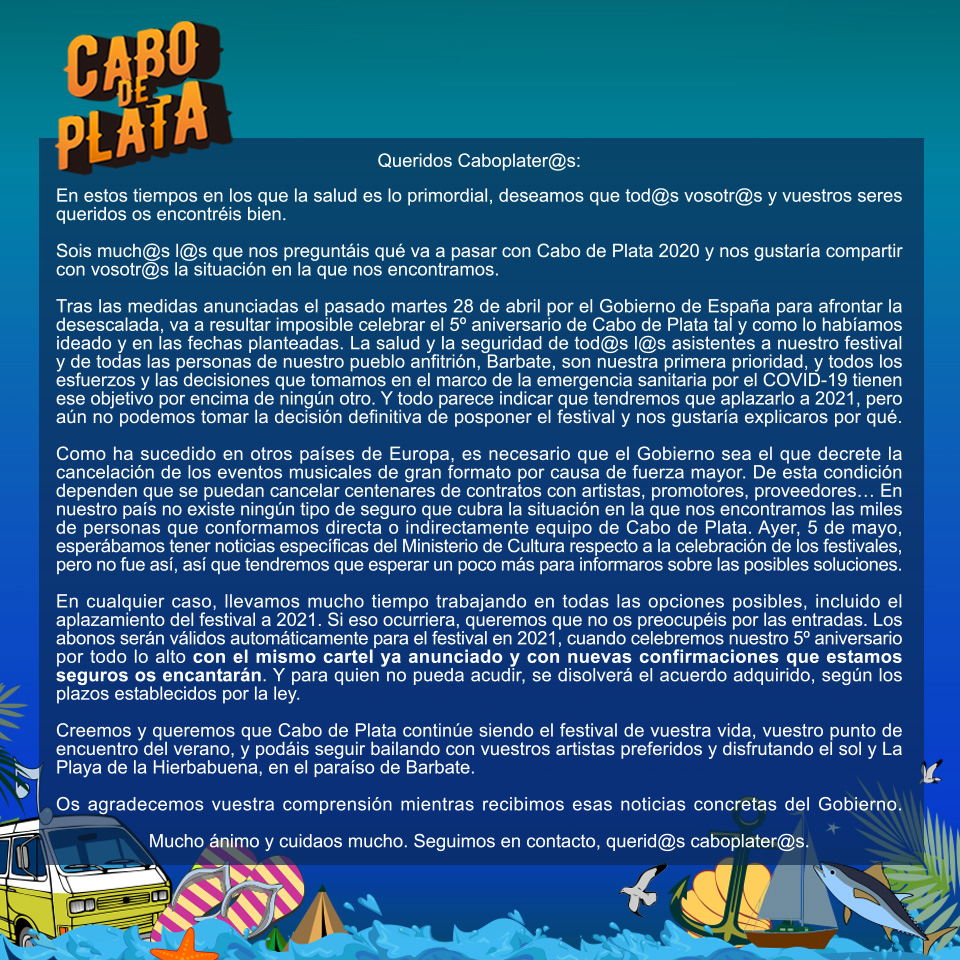 cabodeplatafest's tweet photo. COMUNICADO OFICIAL SOBRE LA SITUACIÓN ACTUAL DEL FESTIVAL CABO DE PLATA

Familia, ésta es la situación actual de #CabodePlata2020 a día de hoy. Os agradecemos enormemente vuestra comprensión y apoyo. https://t.co/ATPhX2SwBb