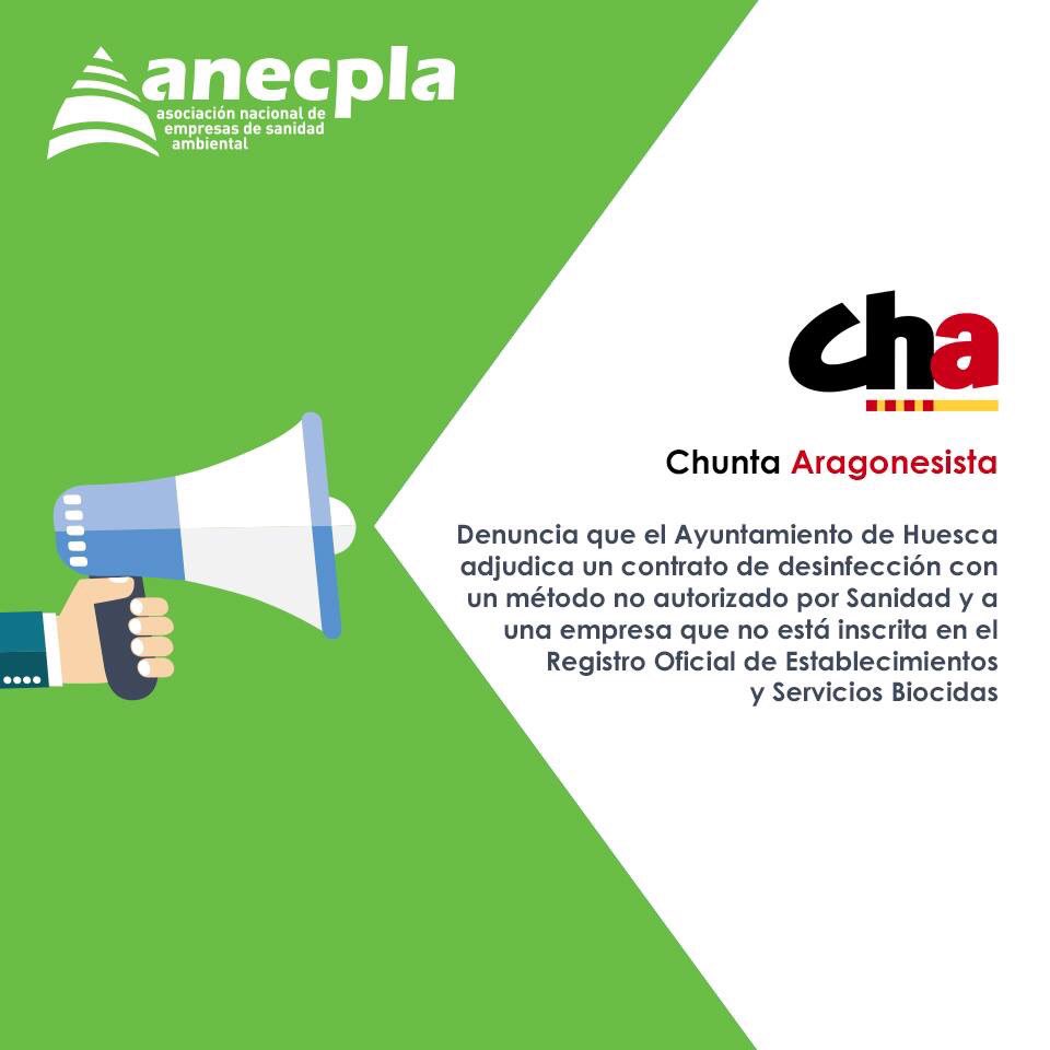 anecpla's tweet photo. @chunta denuncia que el Ayuntamiento de Huesca adjudica un contrato de #desinfección con un método no autorizado por Sanidad y a una empresa que no está inscrita en el Registro Oficial de Establecimientos y Servicios Biocida. #ROESB 

Nota de prensa: https://t.co/3ETNctD2Jo https://t.co/nPTFUISq19