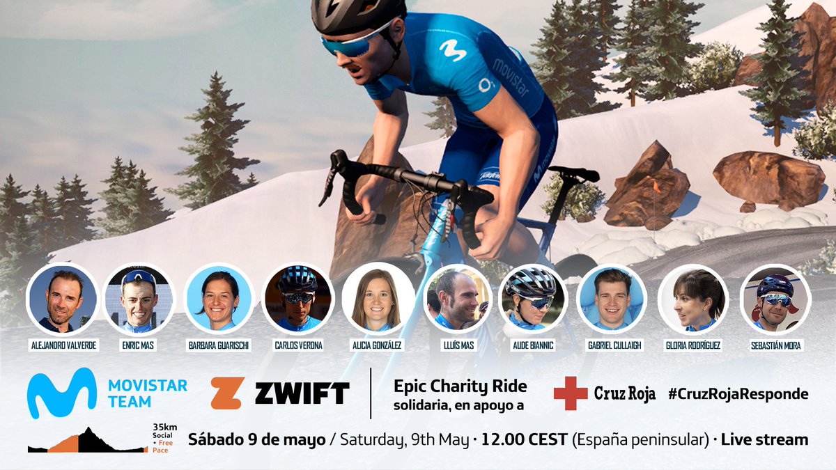 Movistar_Team's tweet photo. 🚴‍♂️💙🚴‍♀️ Bala. Enric. Alicia. Carlos. Aude. Gabz. Mora. Gloria. Lluís. Baby. Juntos en @GoZwift, por una buena causa.

Este sábado (12.00), Epic Charity Ride, abierta a tod@s, a favor de @CruzRojaEsp #CruzRojaResponde → https://t.co/Bd7ktAmHus

DONA AQUÍ ➡️ https://t.co/UMcrd21Mw8 https://t.co/lhdkWK13RH