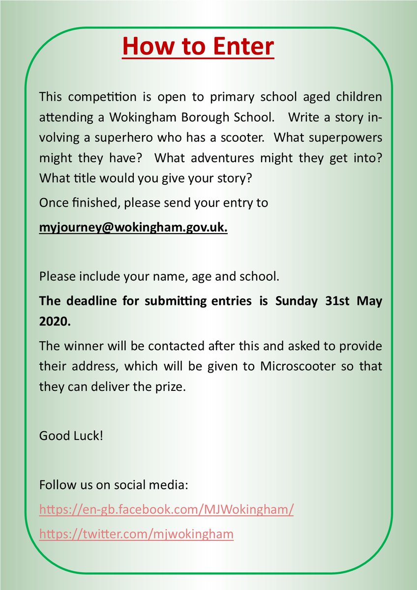 MJWokingham's tweet photo. Not all superheros wear capes. Some ride scooters!

Attention all story tellers! We are launching a new competition. Pen a story involving a superhero and their scooter and have the chance to win a brand new Micro Scooter!

Terms and conditions: https://t.co/VoYrfEP1jt https://t.co/g91BM9cLU9