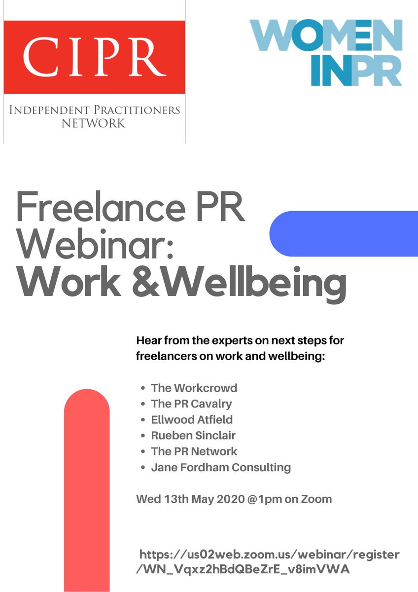 EbonyGaylePR's tweet photo. Are you a #PR #freelancer? Join us for  for this joint @CIPR_UK #indienetwork &amp; @WIPRUK webinar on Work &amp; wellbeing' Wed 13th May 2020 @ 1pm. Register below to hear from @ThePRCavalry @theworkcrowd @ReubenSinclair @PRNetwork @EllwoodAtfield  @Fordiham  
https://t.co/Em3lLnkSl9… https://t.co/uKHX1LqzH1