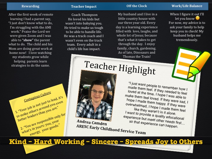 ARKRIVERESC's tweet image. "I just want people to remember how I made them feel." -   
Andrea Camden in the ARESC Teacher Spotlight.  We thank her for her service to preschool age children.  Thank you for spreading joy!  Happy Teacher Appreciation Week!