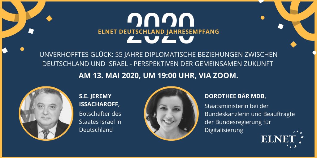 ElnetD's tweet photo. Nächste Woche ist es endlich soweit - wir laden zu unserem ersten virtuellen Jahresempfang. Als Gäste dürfen wir @JIssacharoff und @DoroBaer begrüßen. Bitte unter deutschland@elnetwork.eu anmelden. 🇩🇪🇮🇱 #Vorfreude https://t.co/aFWUDOGBqy