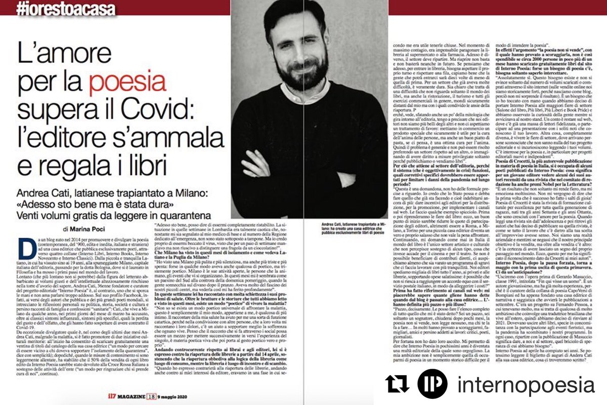 InternoPoesia's tweet photo. Il nostro fondatore Andrea Cati oggi intervistato da #Il7Magazine ❤️ https://t.co/aIyzOZ0jT1