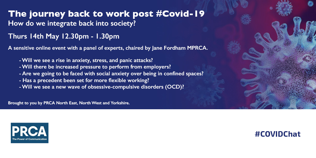 The effect of #COVID19 on how we think &amp; feel has been particularly prominent in the workplace. As restrictions are lifted, what will the impact be on our mental health?Together with  <a href="/PRCA_BorderNE/">PRCA_BorderNE</a> &amp; <a href="/PRCA_Yorkshire/">PRCA Yorkshire</a> we'll explore this further. Register: bit.ly/3fCnh7k