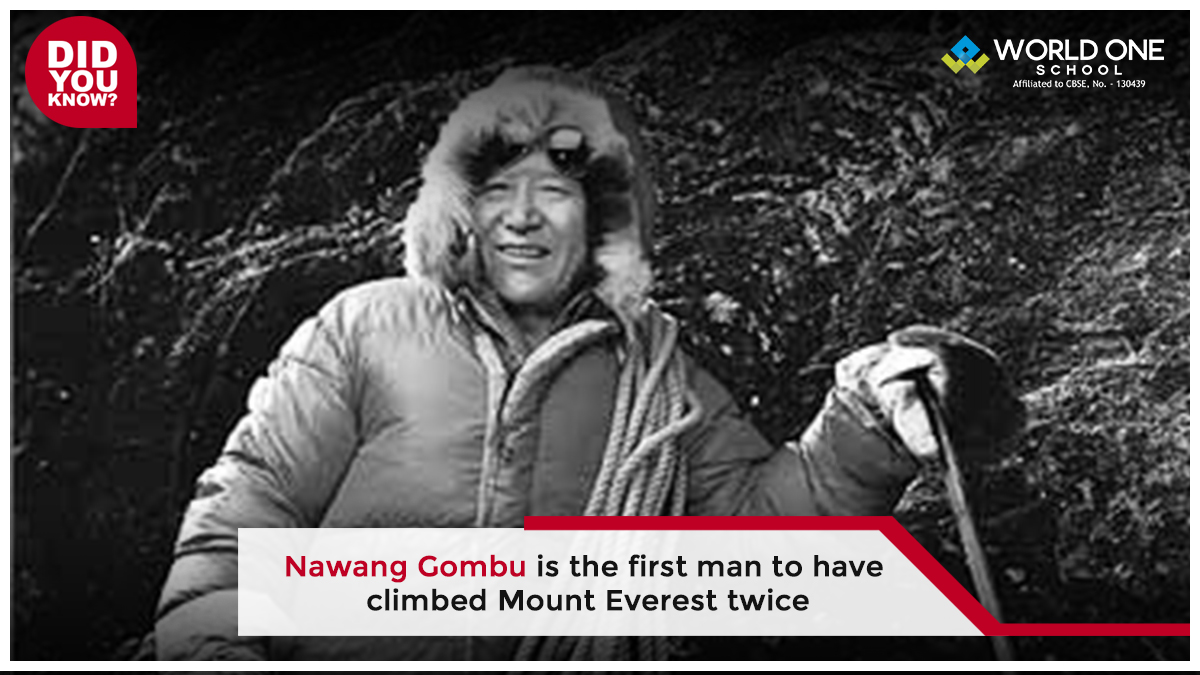 worldoneschool's tweet photo. Nawang Gombu became the first Indian citizen, the third man in the world to reach  Mt. Everest in1963, and again in 1965, and thereby became the first person to scale the world’s tallest peak twice. Do know in which country Mt Everest is? #WorldoneSchool #BestCBSESchools https://t.co/KloHIpTRtc
