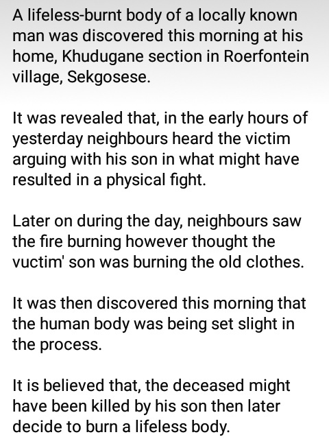 JoeyMediaGroup's tweet photo. A lifeless-burnt body of a locally known man was discovered this morning at his home, Khudugane section in Roerfontein village, Sekgosese. https://t.co/UIuDqRZanE