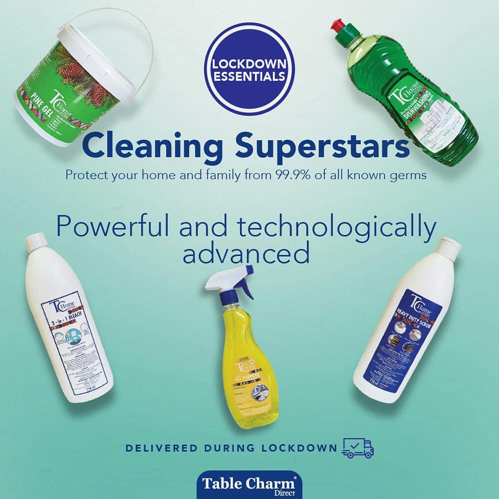 TableCharmSA's tweet photo. Remember our Cleaning Superstars? TC Home Cleaning Solutions have a superior formula designed to keep every room in your home perfectly clean and germ-free. Order them now and get them delivered to your doorstep during lockdown. #StayHomeWithTCDirect #LockdownEssentials https://t.co/XPIanxR0Pf