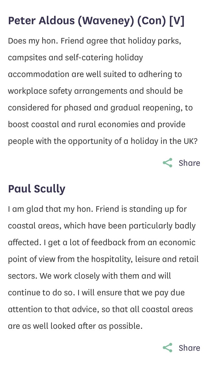 BH&HPA (@bhhpa) on Twitter photo .<a href="/peter_aldous/">Peter Aldous</a> “holiday parks, campsites...well suited to...workplace safety...considered for phased..reopening?
<a href="/scullyp/">Paul Scully</a> “...We work closely with them...due attention to that advice, so that all coastal areas are...looked after..”
hansard.parliament.uk/Commons/2020-0… .<a href="/peter_aldous/">Peter Aldous</a> “holiday parks, campsites...well suited to...workplace safety...considered for phased..reopening?
<a href="/scullyp/">Paul Scully</a> “...We work closely with them...due attention to that advice, so that all coastal areas are...looked after..”
hansard.parliament.uk/Commons/2020-0…