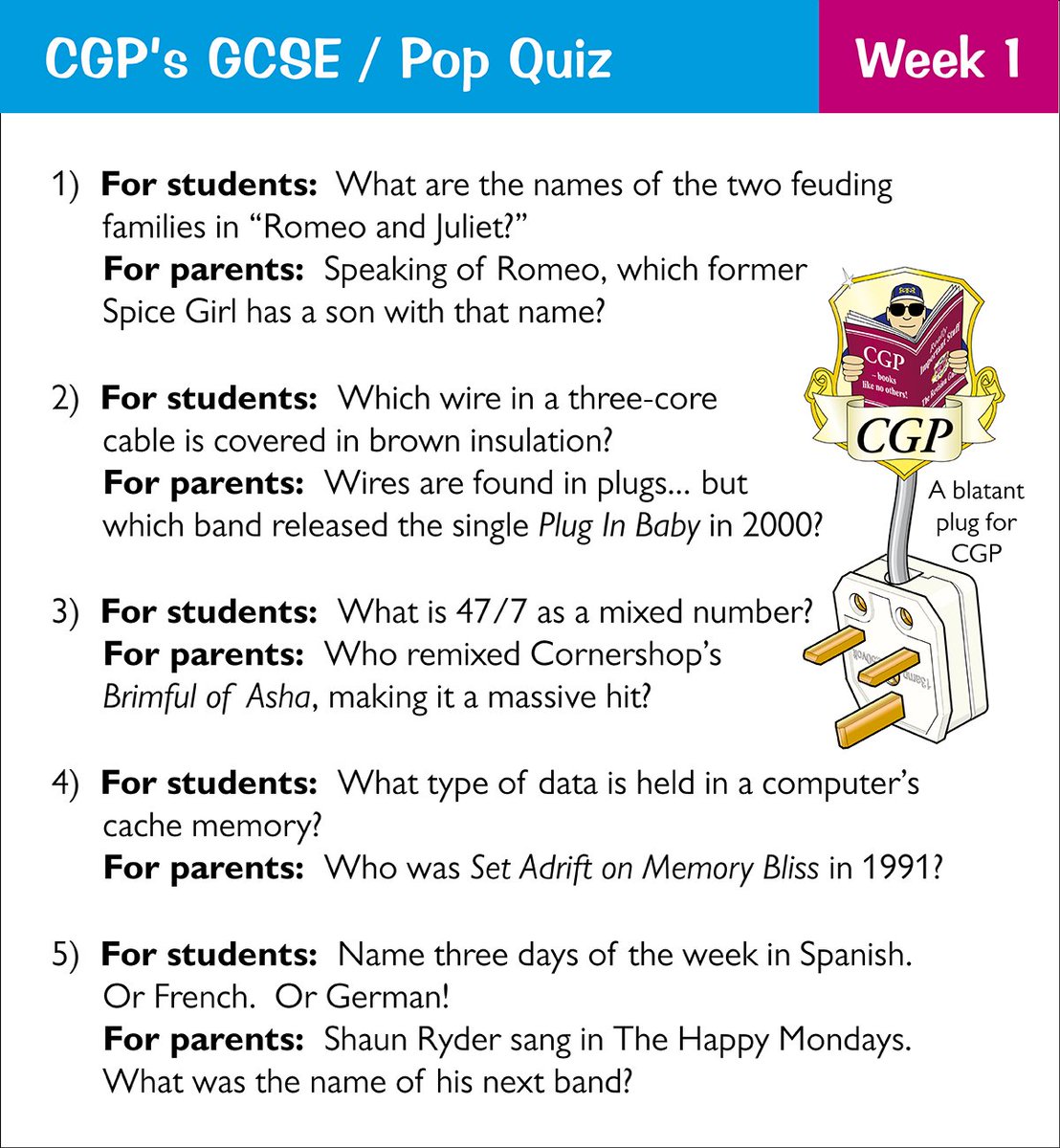 CGP Books "CGP's new weekly quiz is here to take your brain to another dimension. Pay close attention. Each GCSE question for students has a matching pop quiz question for