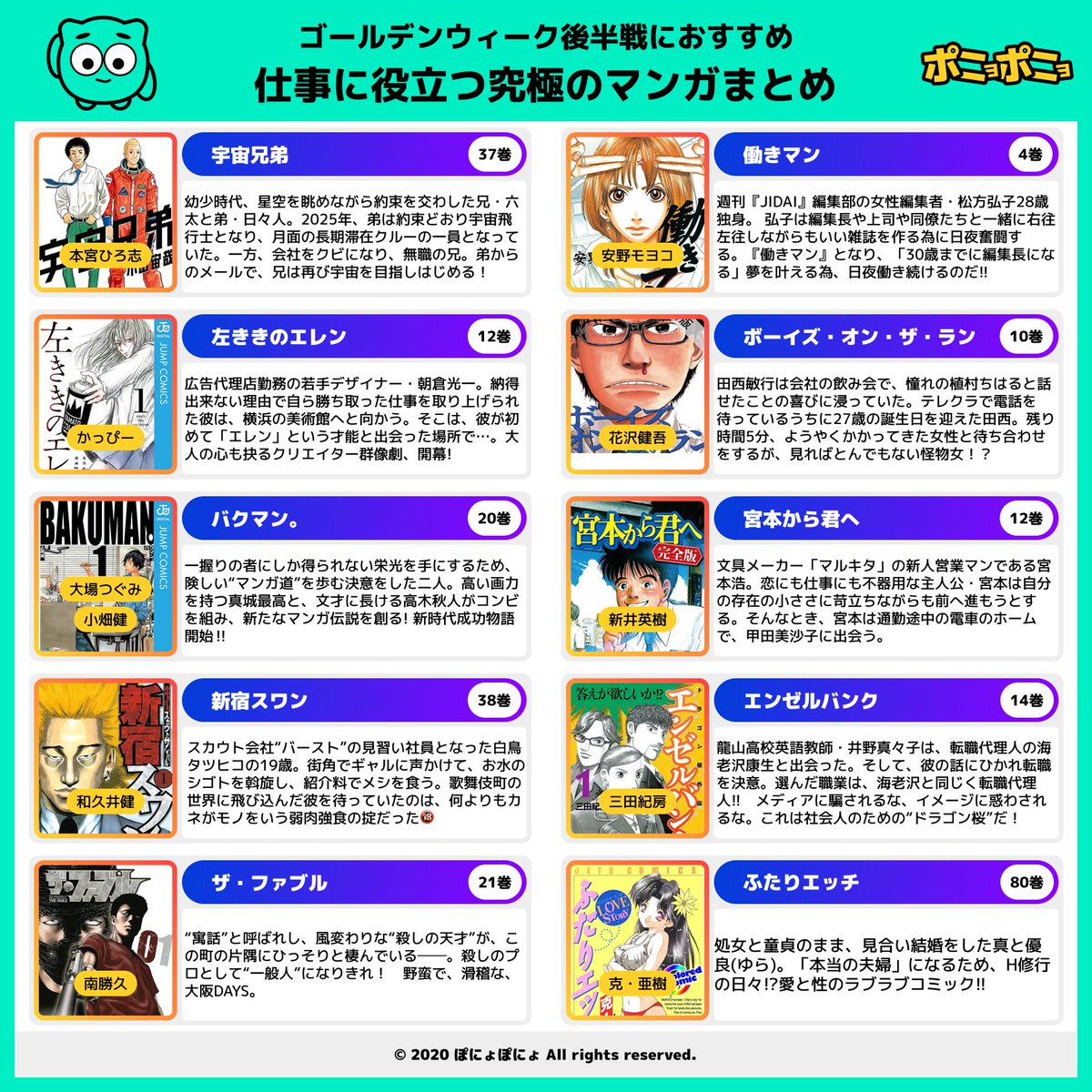 ponyoru_web's tweet photo. ゴールデンウィーク後半線に読みたい「仕事の役に立つ究極のマンガ」をまとめたよ🤟
みんなのおすすめマンガも教えてほしいなー🙏 https://t.co/NeejMTBtNG