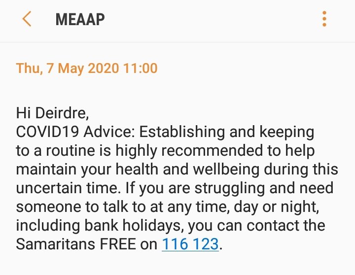 meaapni's tweet photo. And today's #COVID19 #TextAlert is all about the need for routine to help maintain your health & wellbeing. As well as the great support available from Samaritans. @mea_bc @PSNIMEADistrict https://t.co/aG6LGh45Wu