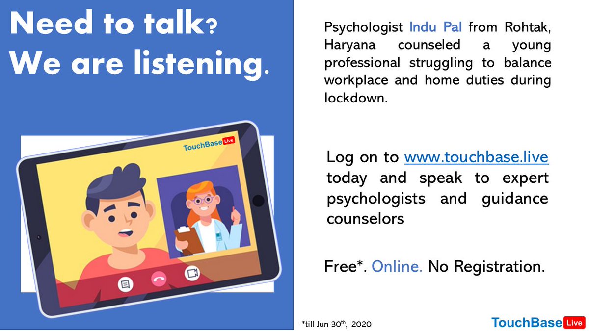 TouchbaseL's tweet photo. We thank psychologist Indu Pal for her time and efforts.

She and many other psychologists are available for free consultation on https://t.co/FYSUeoyeQ8

Visit today for helpful advice. #HealthyFromHome #RemoteCounseling #FreeCounseling #TechForGood https://t.co/qV7lxpPUGM