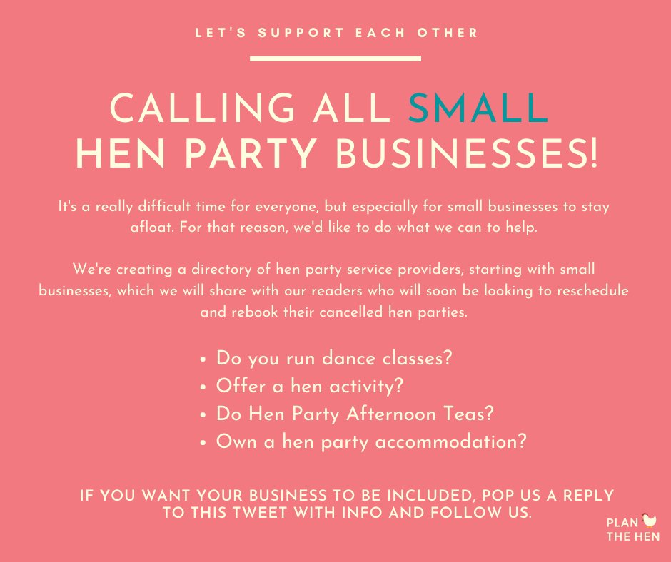 Do you run a SMALL BUSINESS as a hen party supplier? We'd like to support you, please read &amp; RT &amp; tag any other small businesses who might like to be included. #SmallBusinesses #smallbusinessowner #journorequest