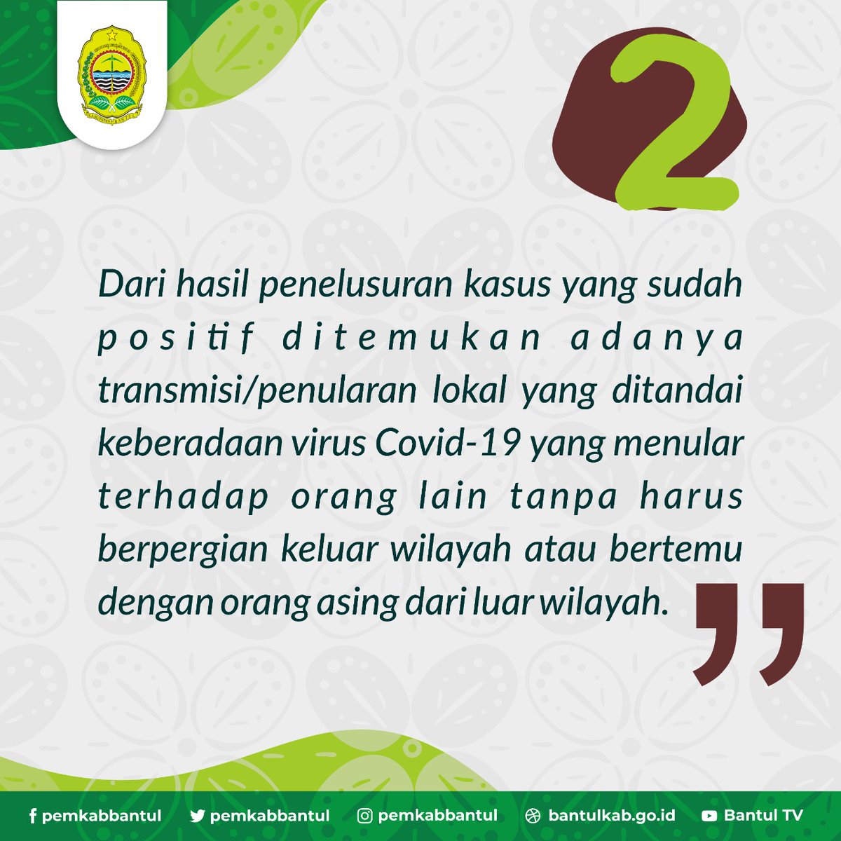 pemkabbantul's tweet photo. Sehubungan dengan upaya bersama oleh semua komponen di Kabupaten Bantul, untuk menekan penyebaran COVID 19, kami sampaikan beberapa hal sebagai berikut :

#BantulBisa
#BersamaLawanCovid19 https://t.co/iKSdoibqM3