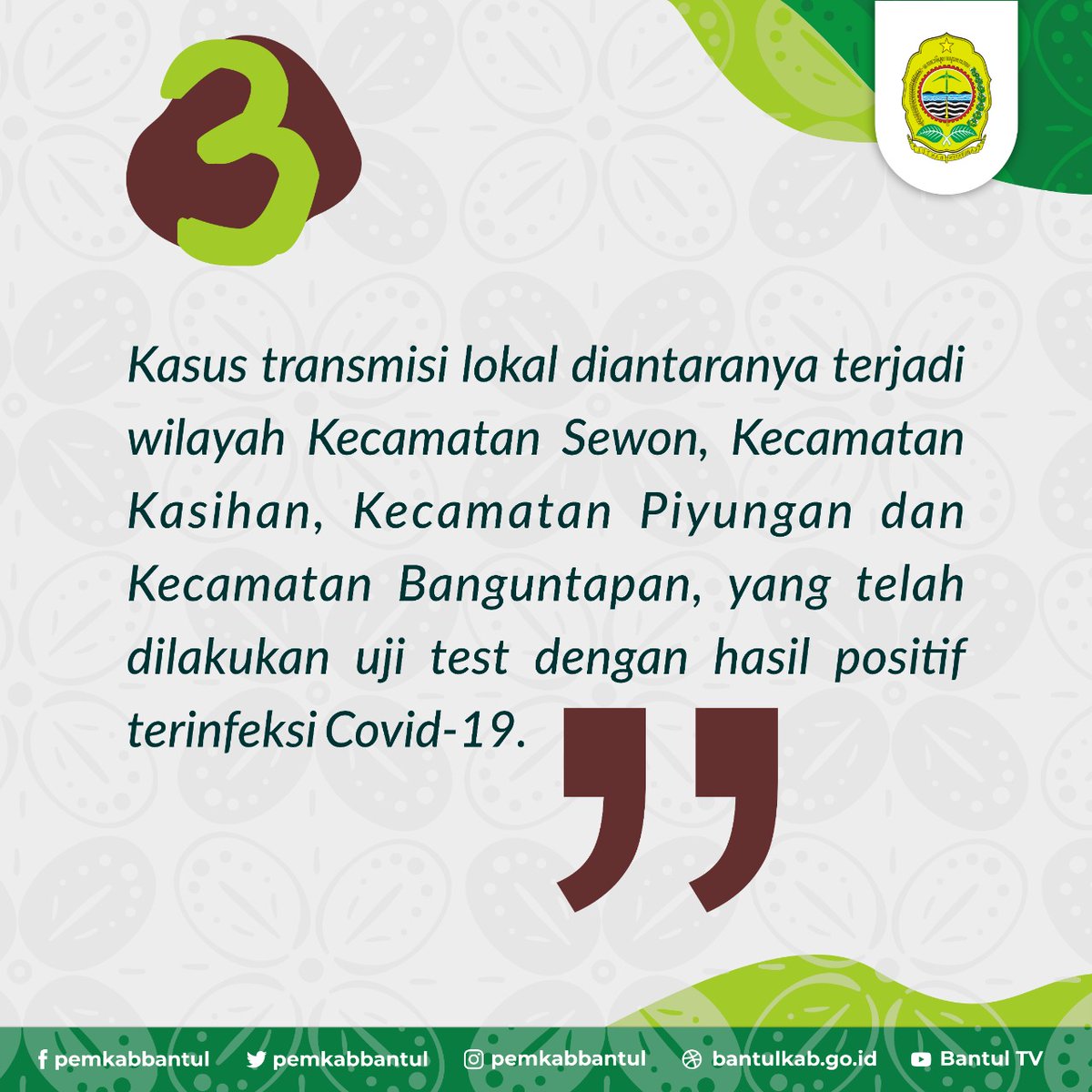 pemkabbantul's tweet photo. Sehubungan dengan upaya bersama oleh semua komponen di Kabupaten Bantul, untuk menekan penyebaran COVID 19, kami sampaikan beberapa hal sebagai berikut :

#BantulBisa
#BersamaLawanCovid19 https://t.co/iKSdoibqM3